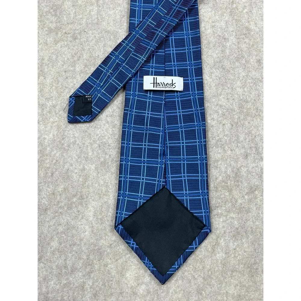 Harrods Knightbridge Textured Blue Plaid Geometric Necktie Neck Tie Silk UK